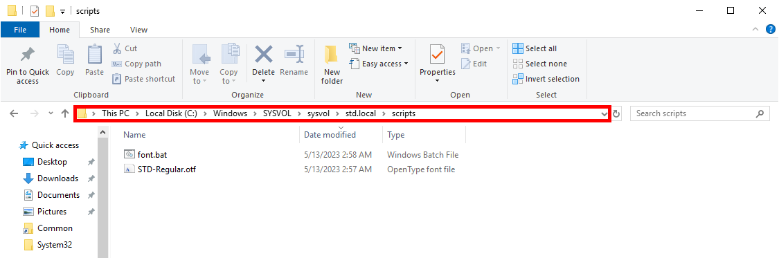 Windows File Explorer showing font.bat and STD-Regular.otf files in the SYSVOL scripts folder