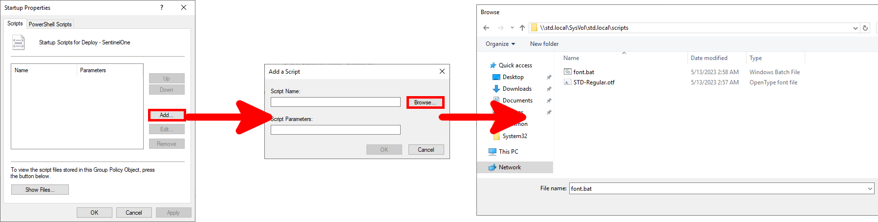 Sequence showing how to add a startup script in GPO: clicking Add, then Browse, then selecting font.bat in the SYSVOL scripts folder