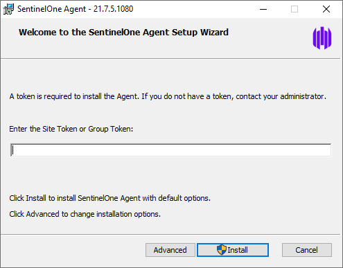 SentinelOne installer prompting for site or group token during setup wizard.