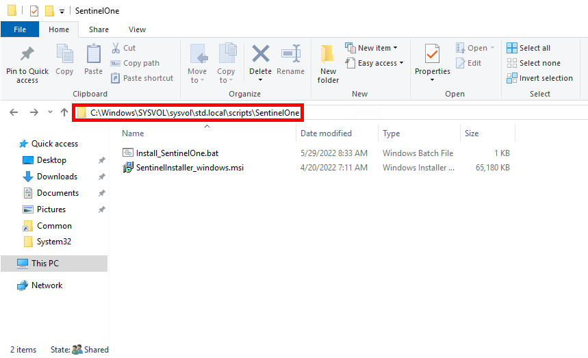 SYSVOL folder on Active Directory server showing batch script and SentinelOne MSI installer
