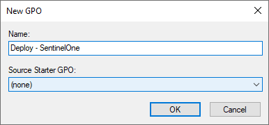 Dialog box for naming a new GPO as 'Deploy - SentinelOne' in Group Policy Management