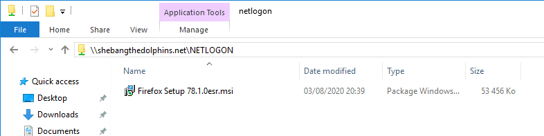Network folder showing Firefox ESR setup file in Netlogon share