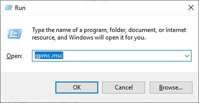 Windows Run dialog box with gpmc.msc command to open Group Policy Management Console