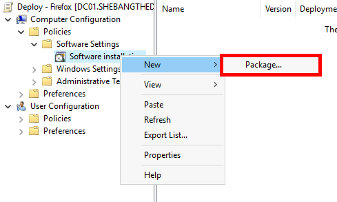 Group Policy Management editor with option to create a new software installation package