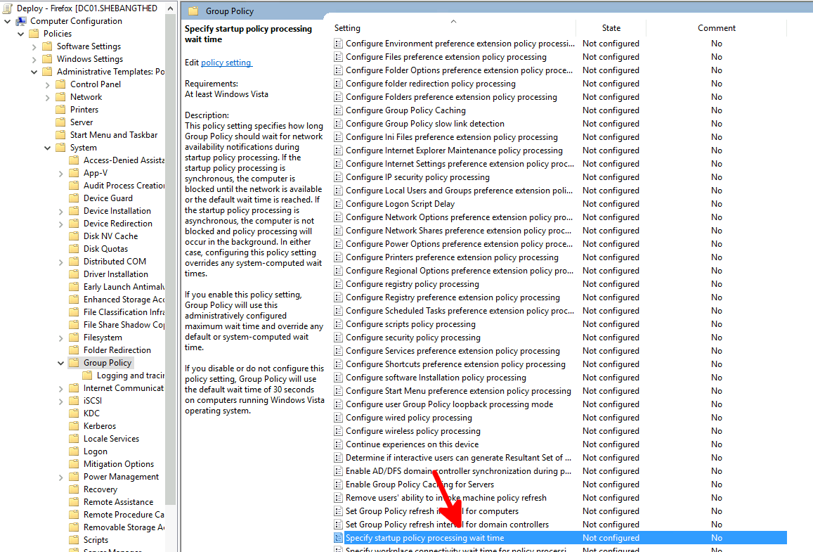 Group Policy Management editor with 'Specify startup policy processing wait time' policy highlighted