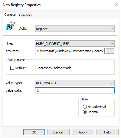 New Registry Properties dialog in Group Policy with 'SearchboxTaskbarMode' set under HKEY_CURRENT_USER.