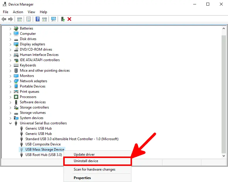 Screenshot of Device Manager showing the context menu for a USB Mass Storage Device with the 'Uninstall device' option highlighted and an arrow pointing to it.