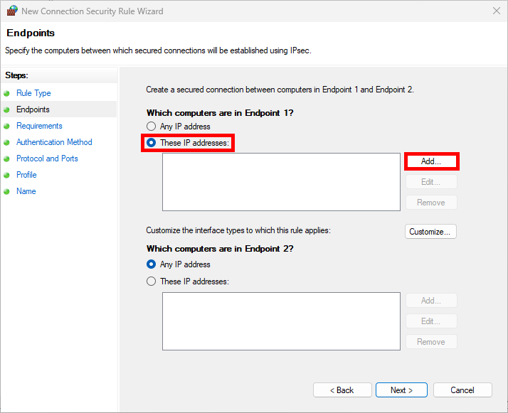 Windows IPsec configuration showing how to specify IP addresses for secure endpoint connections