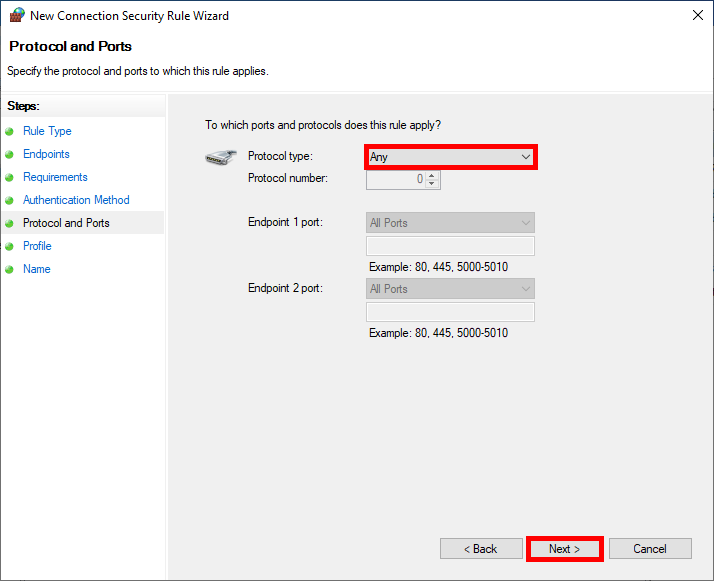 Windows IPsec connection rule setup selecting protocol type and port ranges