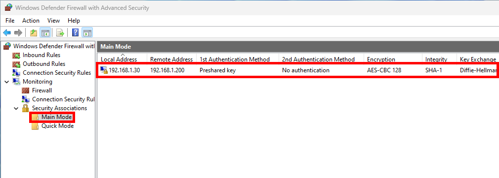 Windows Firewall showing IPsec Main Mode association with preshared key and AES-CBC 128 encryption between 192.168.1.30 and 192.168.1.200