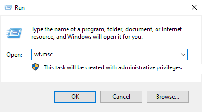 Windows Run dialog with wf.msc entered to open the Windows Defender Firewall with Advanced Security