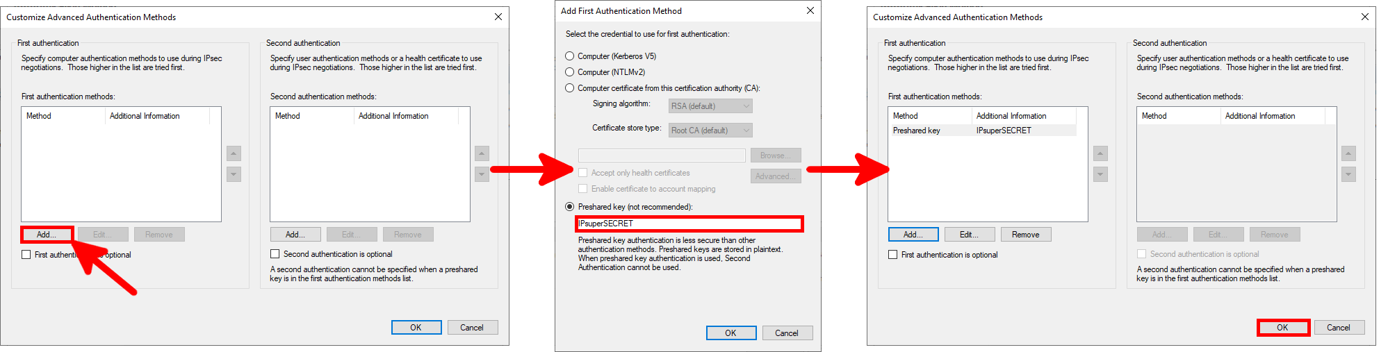 Windows IPsec advanced authentication setup with preshared key entered as first method
