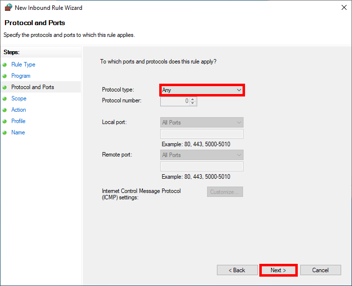Windows Firewall rule configured to allow any protocol and any port