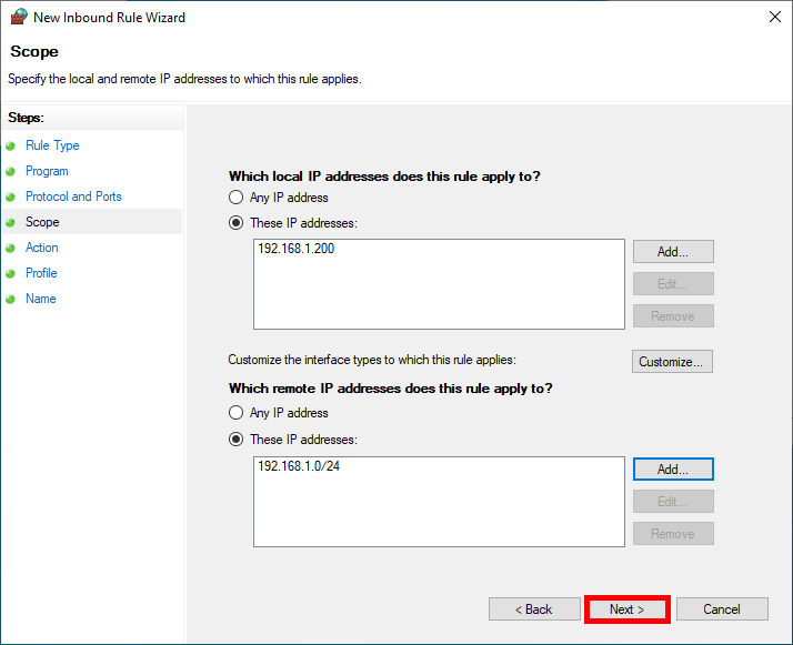 Scope settings in Windows Firewall rule specifying local and remote IP addresses for IPsec connection