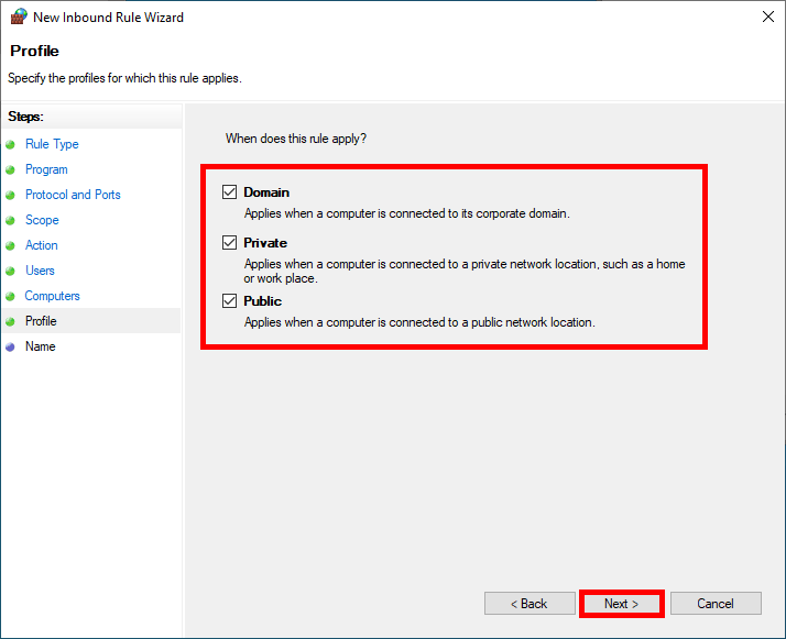 Firewall rule wizard in Windows showing domain, private, and public network profiles selected for IPsec policy application