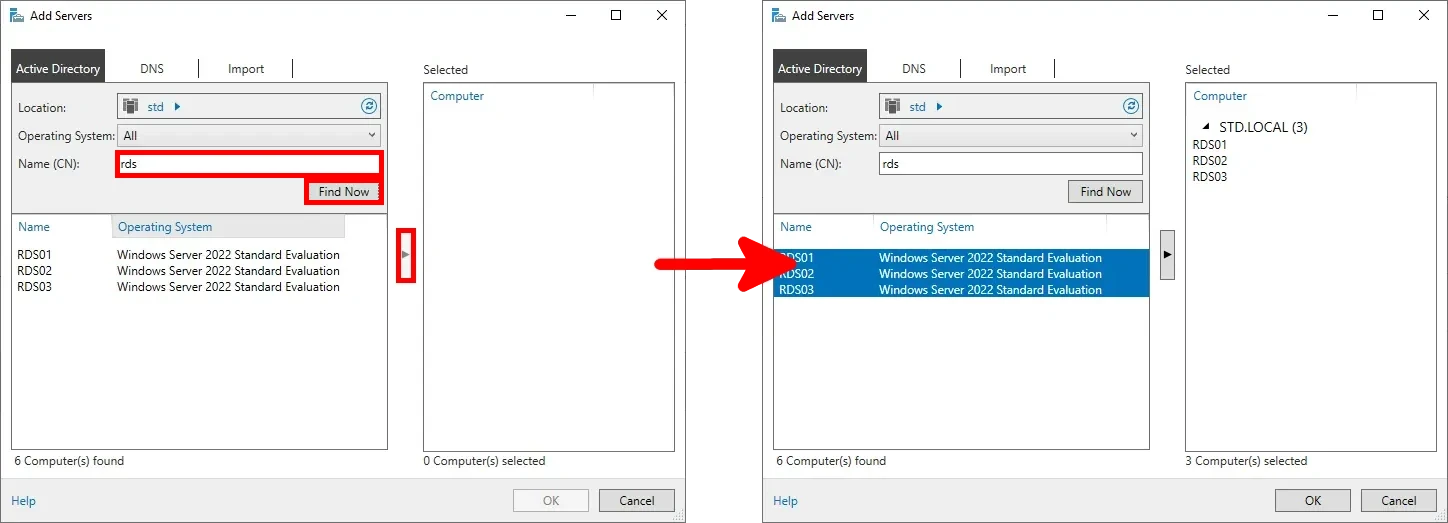 Screenshot showing the process of adding servers from Active Directory in Server Manager, including selecting and moving servers to the selected list.