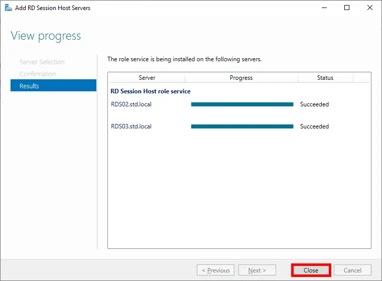 Progress screen showing successful installation of session host servers RDS02 and RDS03, with the 'Close' button highlighted.