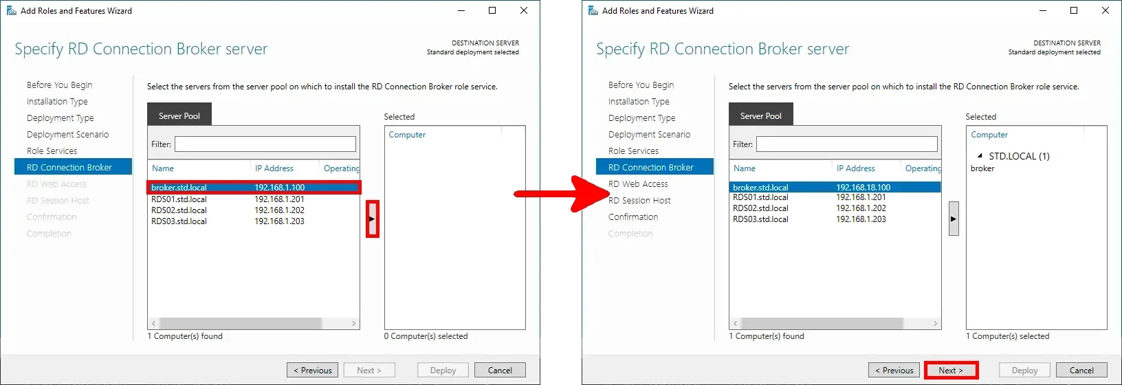 Screenshot of the Add Roles and Features Wizard, showing the selection of the server for the Connection Broker role, with an arrow indicating the server being added and the 'Next' button highlighted.