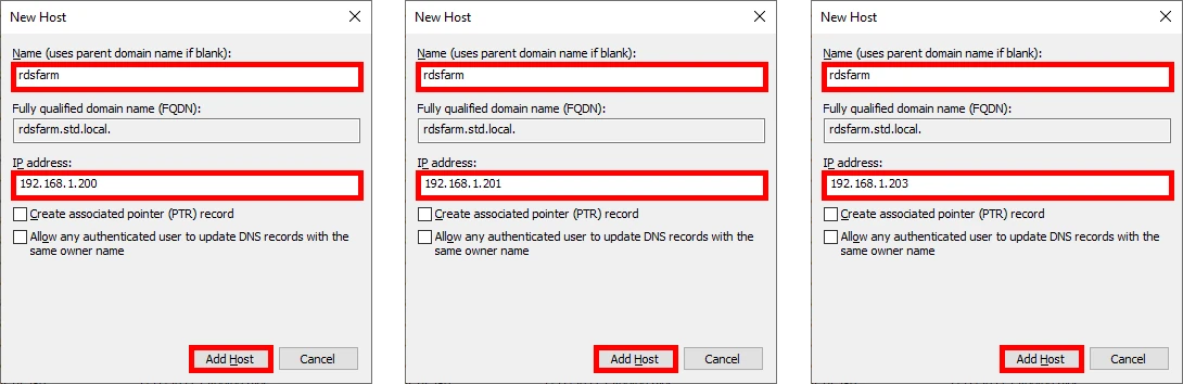 New Host window showing multiple IPs assigned to 'rdsfarm.std.local'.