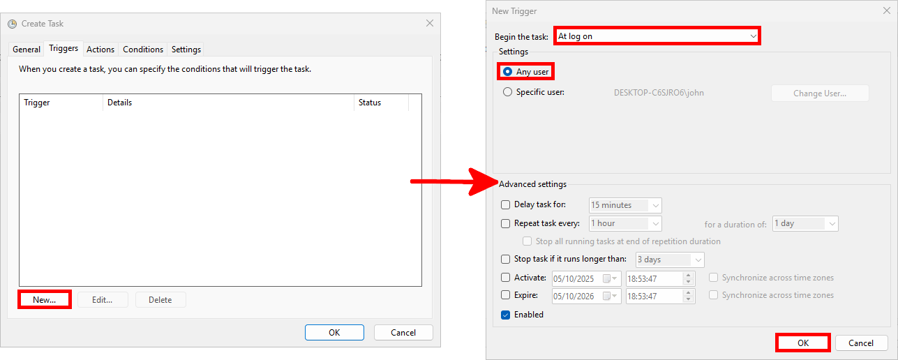 Screenshot of Windows Task Scheduler showing how to create a new trigger set to 'At log on' for any user