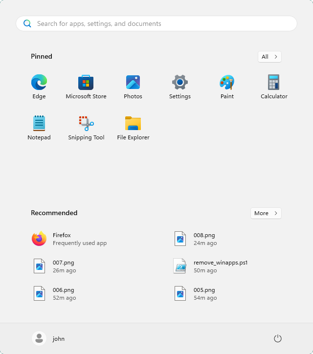 Windows Start menu showing fewer preinstalled apps after running the remove_winapps PowerShell script