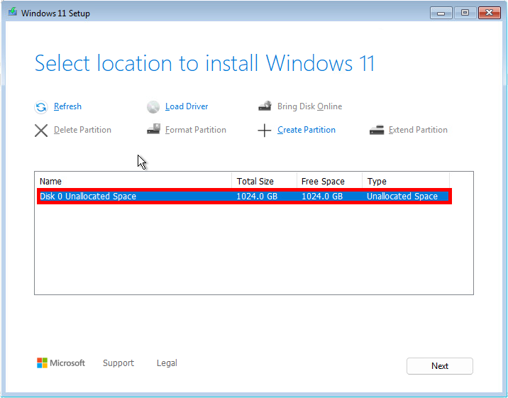 Windows 11 setup screen displaying Disk 0 as unallocated space after NVMe driver installation, ready for partitioning and OS installation on a Dell Vostro.