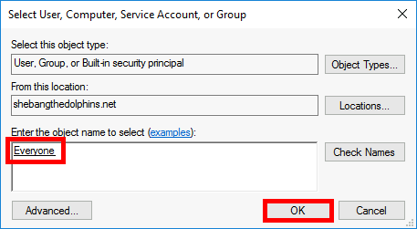 In the Select User or Group window, enter Everyone as the principal and click OK to include all users in the Windows file auditing rule