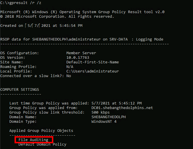 Command prompt showing the gpresult output confirming that the File Auditing Group Policy Object is applied on the Windows File Server
