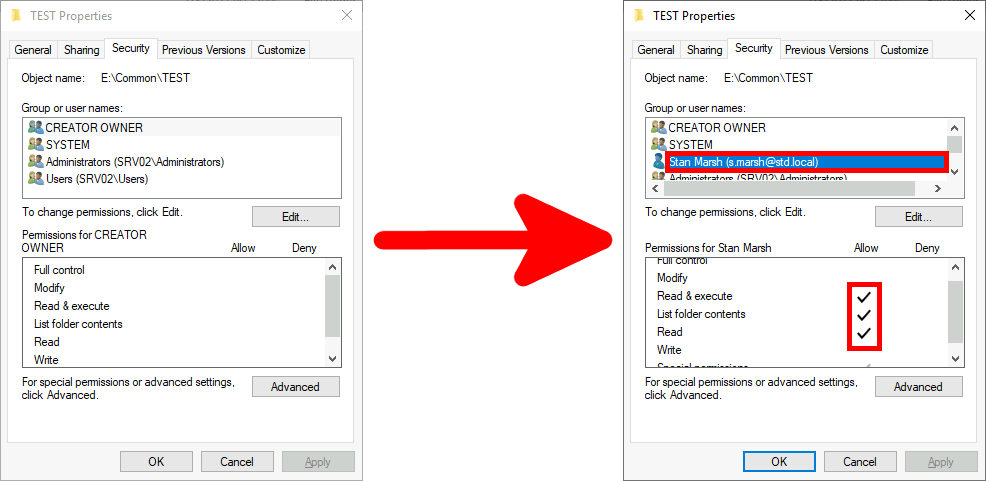 Windows folder properties showing permission adjustments for a specific user, granting read, execute, and write access.