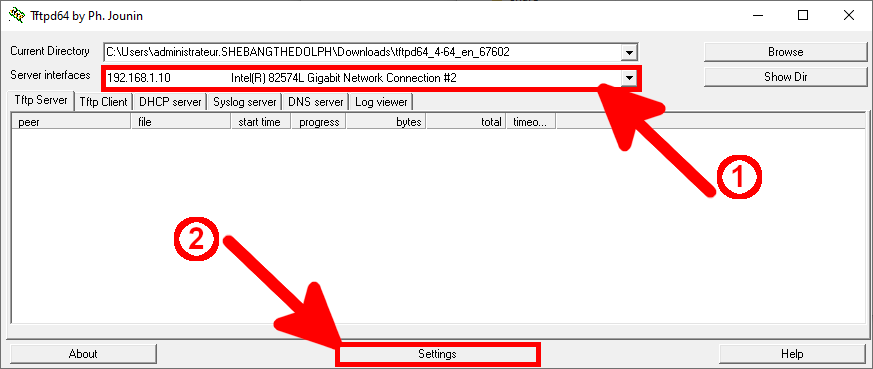 Tftpd64 interface showing the selection of the server network interface and the Settings button, both highlighted with red arrows.