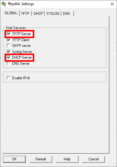 Tftpd64 settings window showing the TFTP Server and DHCP Server options checked to enable both services.