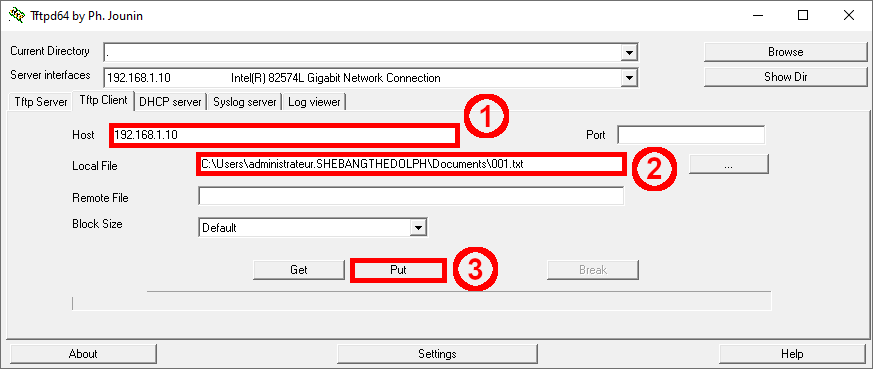 Tftpd64 TFTP client interface showing the host IP address, local file path, and 'Put' button highlighted for uploading a file.