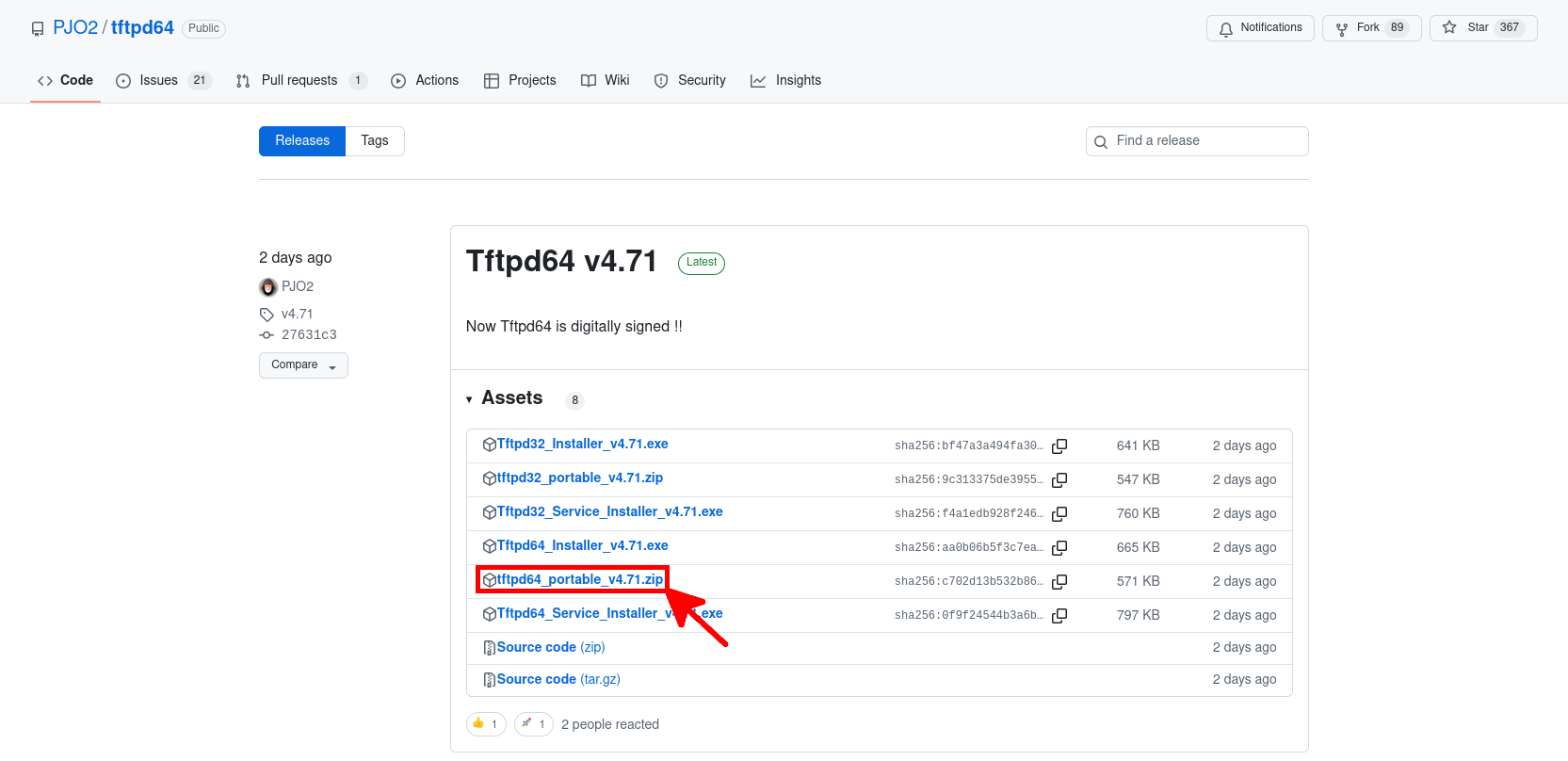GitHub release page showing the latest Tftpd64 v4.71 version, with the file tftpd64_portable_v4.71.zip highlighted for download.