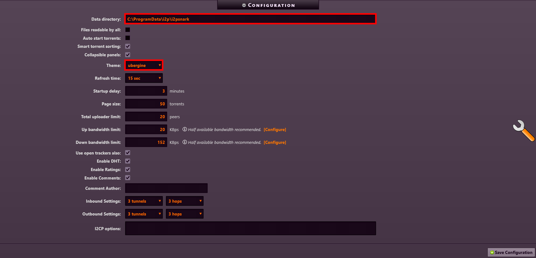I2PSnark configuration page showing theme and bandwidth settings