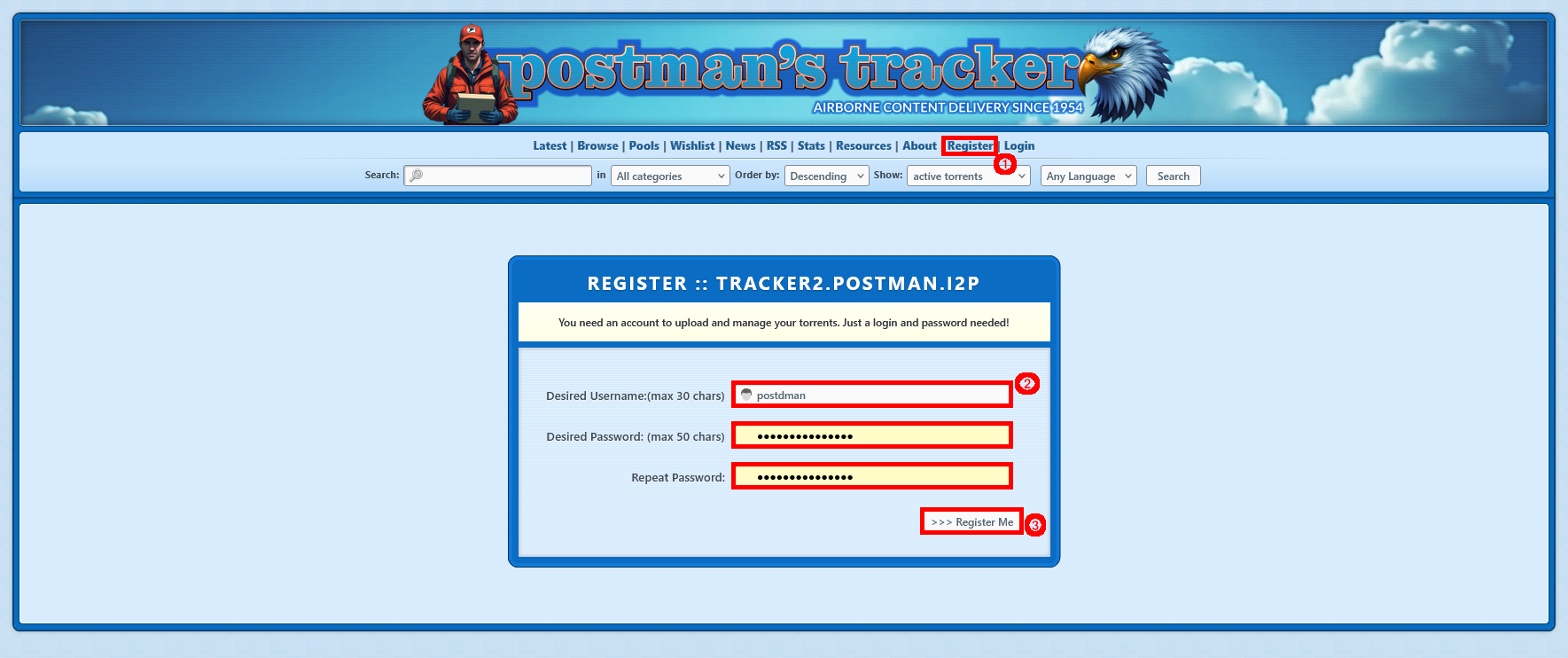 Account registration page on Postman tracker