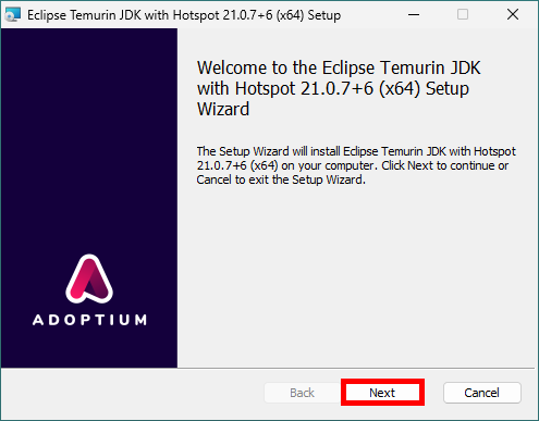 Eclipse Temurin JDK setup wizard welcome screen with highlighted Next button