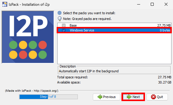I2P installer component selection screen with Windows Service option checked and Next button highlighted