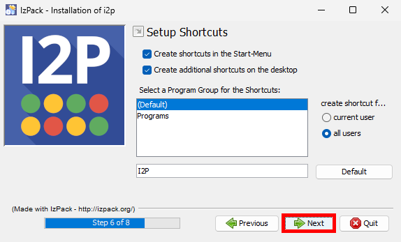 I2P installer shortcut setup screen with desktop and Start Menu options checked and Next button highlighted