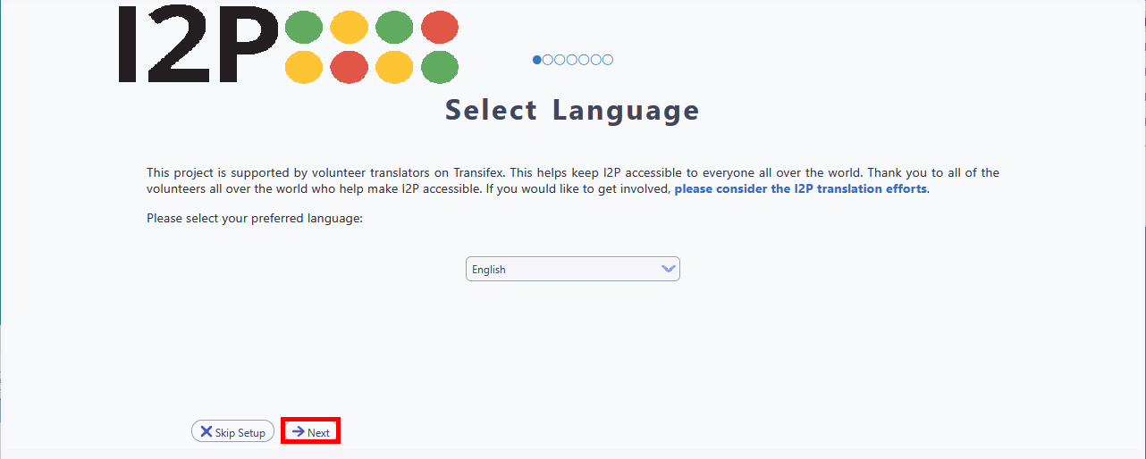 I2P web interface language selection screen with English selected and Next button highlighted