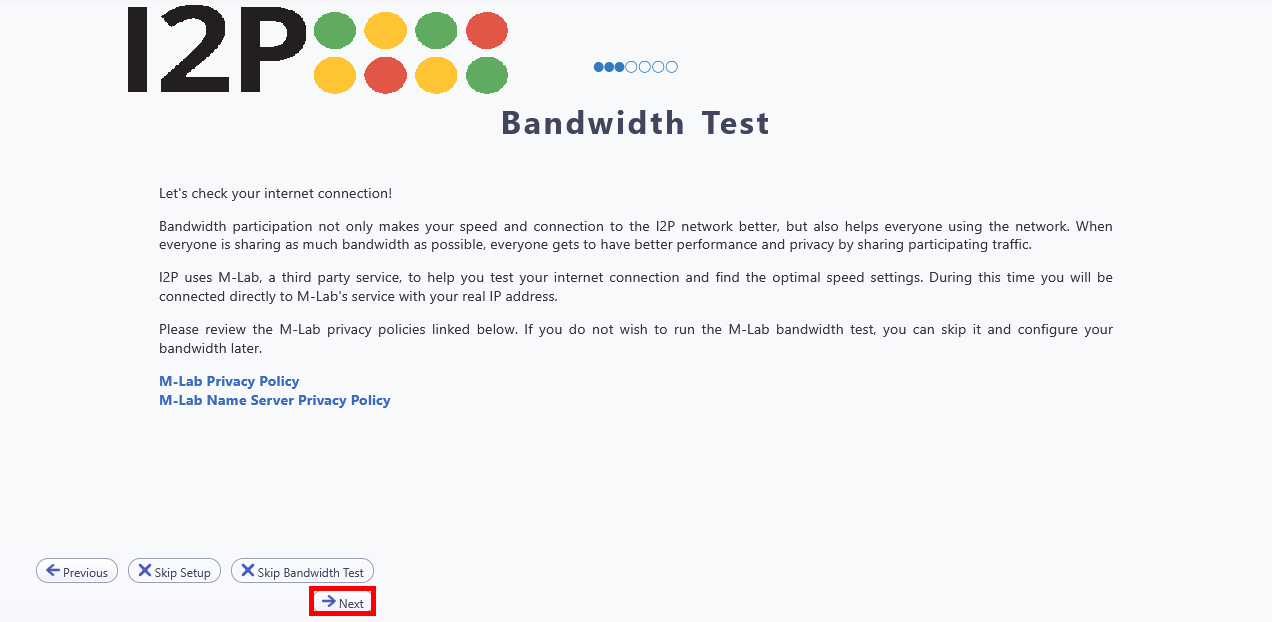 I2P setup screen explaining bandwidth test with Next and Skip options highlighted