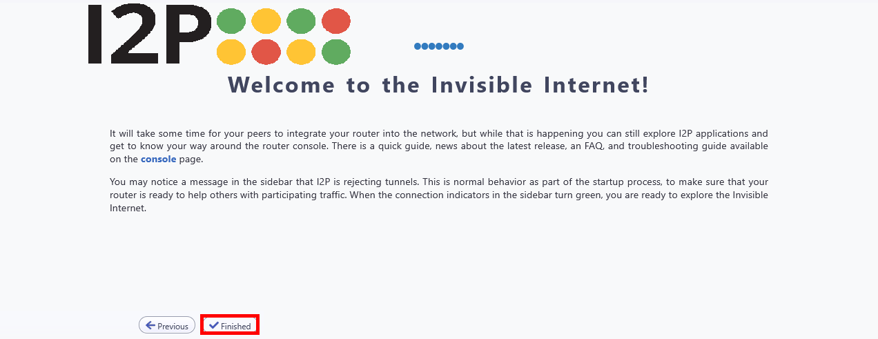 I2P setup final screen with welcome message to the Invisible Internet and Finished button highlighted