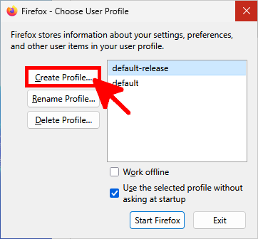 Firefox Profile Manager window with Create Profile option highlighted