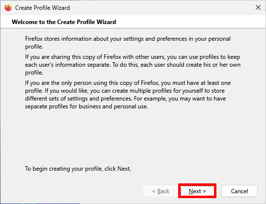 Firefox Create Profile Wizard introduction screen with Next button highlighted