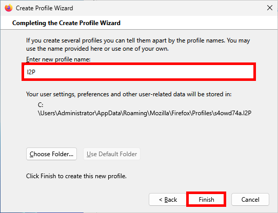 Firefox Create Profile Wizard with I2P as profile name and Finish button highlighted