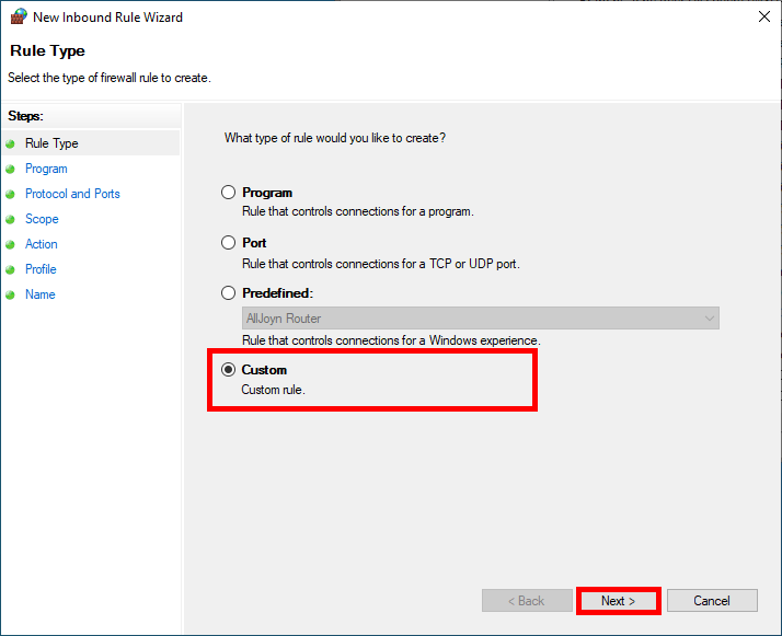 New Inbound Rule Wizard in Windows Firewall with Custom rule type selected