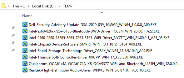 Folder C:\TEMP containing multiple Dell and Intel driver executable files before PowerShell extraction