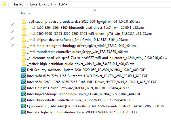 Folder C:\TEMP showing extracted folders and original Dell driver executable files after PowerShell script execution