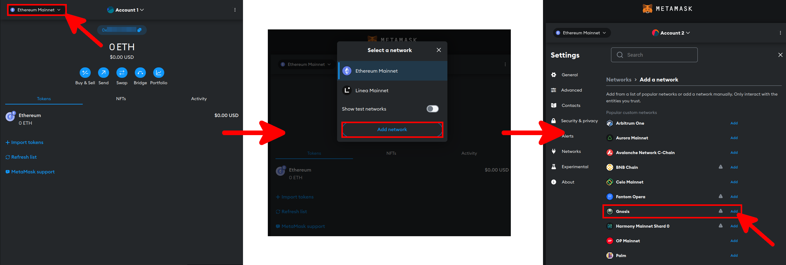 MetaMask steps to switch to the Gnosis Network