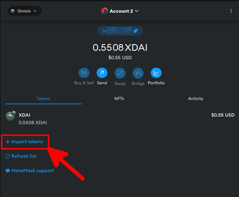 Import tokens link on the MetaMask Web Wallet