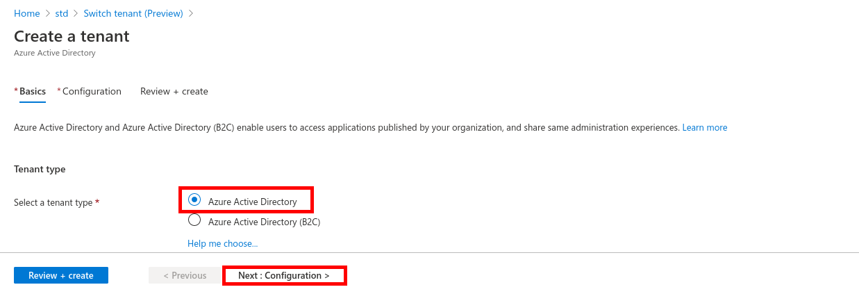 Azure Portal | Select a tenant type